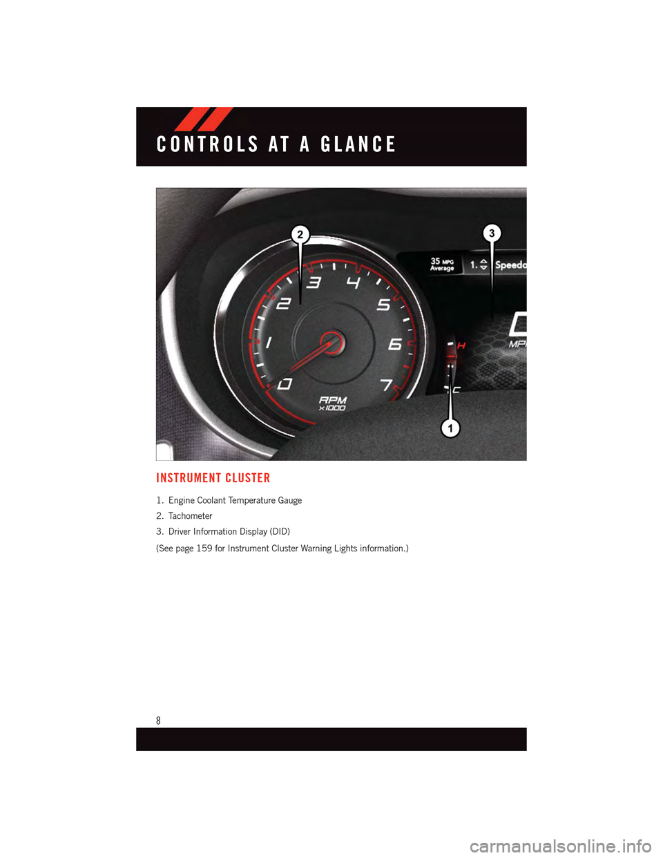 DODGE CHARGER 2015 7.G User Guide INSTRUMENT CLUSTER
1. Engine Coolant Temperature Gauge
2. Tachometer
3. Driver Information Display (DID)
(See page 159 for Instrument Cluster Warning Lights information.)
CONTROLS AT A GLANCE
8 
