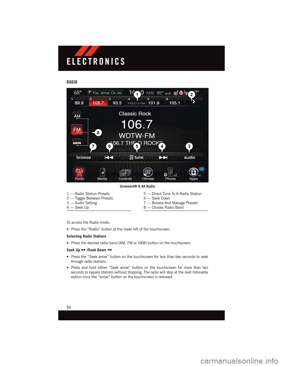 DODGE CHARGER 2015 7.G Owners Manual RADIO
To a c c e s s t h e R a d i o m o d e :
•Pressthe“Radio”buttonatthelowerleftofthetouchscreen.
Selecting Radio Stations
•Pressthedesiredradioband(AM,FMorSXM)buttononthetouchscreen.
Seek 