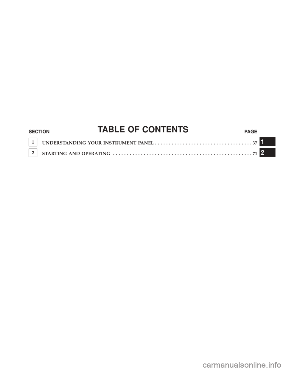 DODGE CHARGER 2016 7.G Drive Modes Manual TABLE OF CONTENTSSECTIONPAGE
1
UNDERSTANDING YOUR INSTRUMENT PANEL ...................................37
2
STARTING AND OPERATING ..................................................71
1
2 