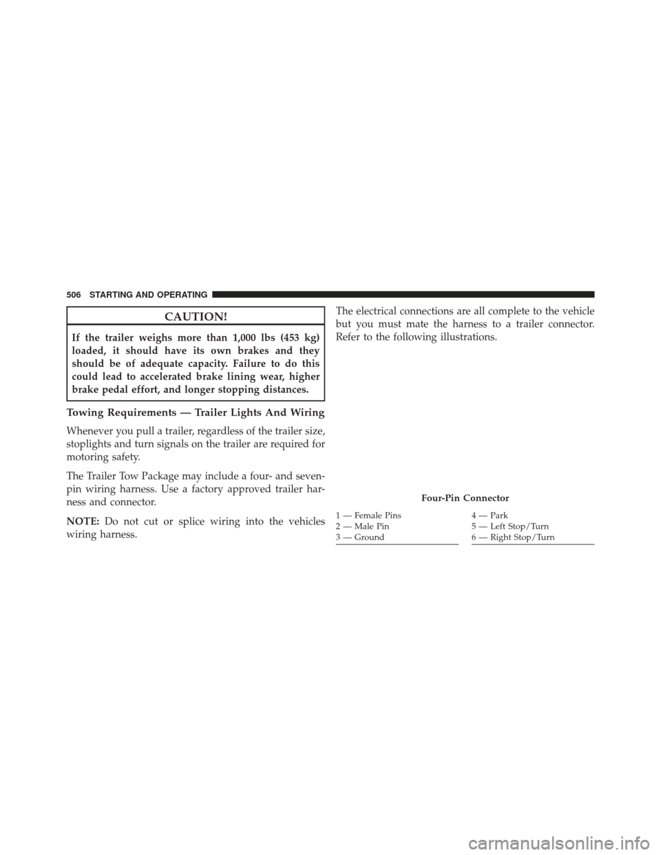 DODGE CHARGER 2016 7.G Service Manual CAUTION!
If the trailer weighs more than 1,000 lbs (453 kg)
loaded, it should have its own brakes and they
should be of adequate capacity. Failure to do this
could lead to accelerated brake lining wea