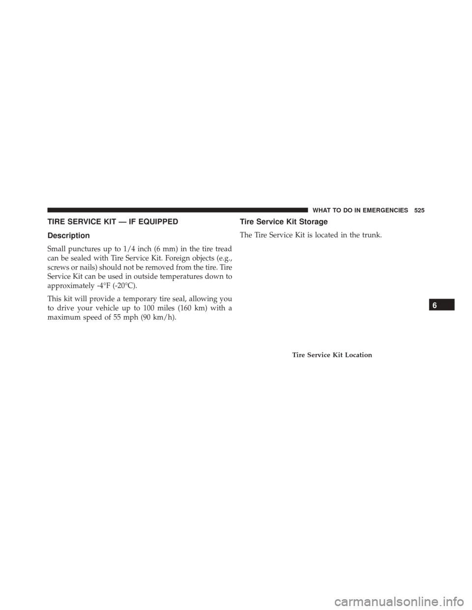 DODGE CHARGER 2016 7.G Owners Manual TIRE SERVICE KIT — IF EQUIPPED
Description
Small punctures up to 1/4 inch (6 mm) in the tire tread
can be sealed with Tire Service Kit. Foreign objects (e.g.,
screws or nails) should not be removed 