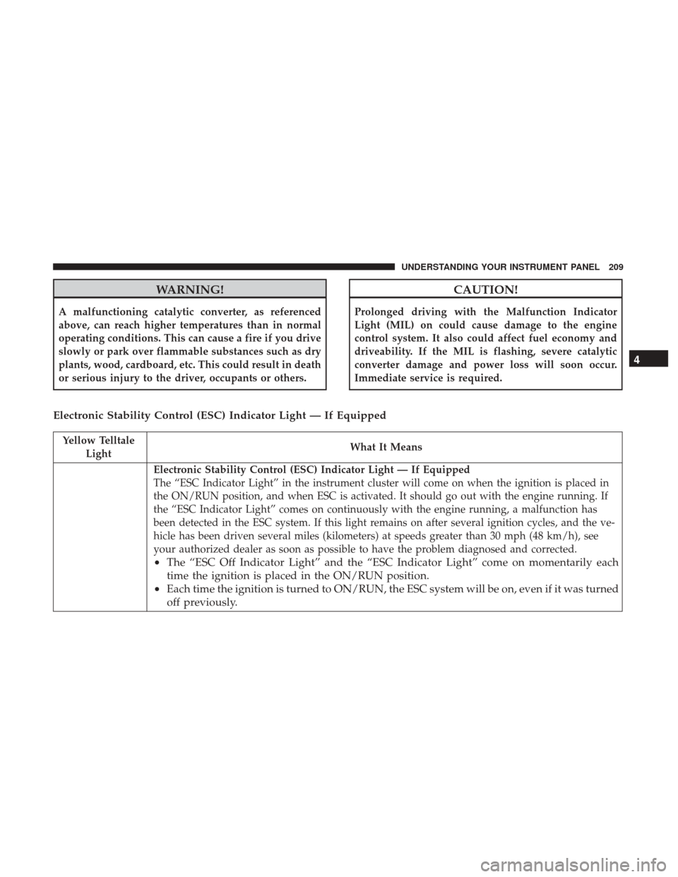 DODGE CHARGER 2017 7.G Owners Manual WARNING!
A malfunctioning catalytic converter, as referenced
above, can reach higher temperatures than in normal
operating conditions. This can cause a fire if you drive
slowly or park over flammable 
