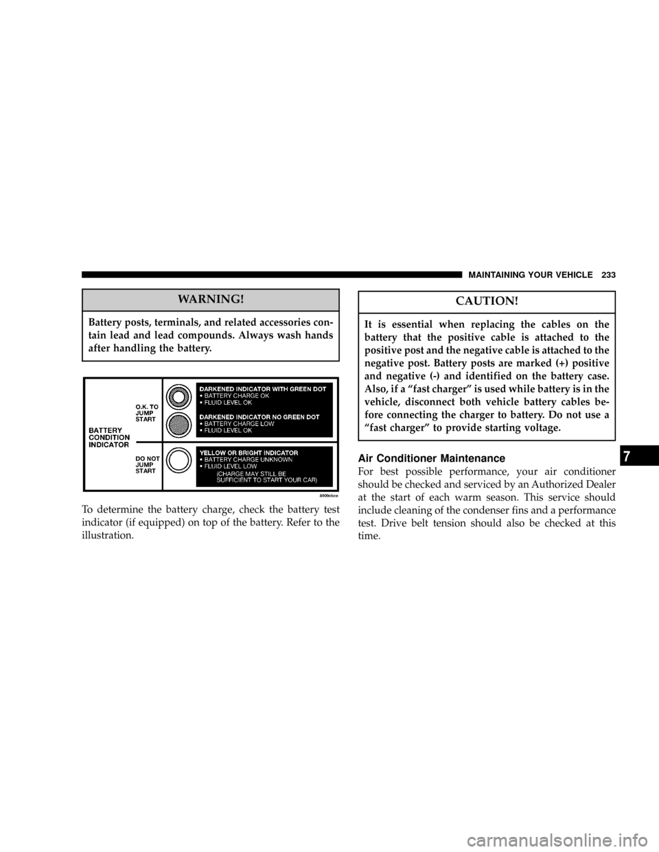 DODGE DAKOTA 2004 3.G Owners Manual WARNING!
Battery posts, terminals, and related accessories con-
tain lead and lead compounds. Always wash hands
after handling the battery.
To determine the battery charge, check the battery test
indi