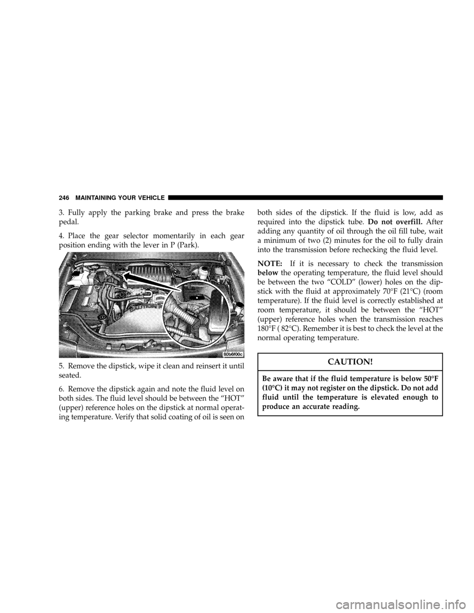 DODGE DAKOTA 2004 3.G Owners Manual 3. Fully apply the parking brake and press the brake
pedal.
4. Place the gear selector momentarily in each gear
position ending with the lever in P (Park).
5. Remove the dipstick, wipe it clean and re