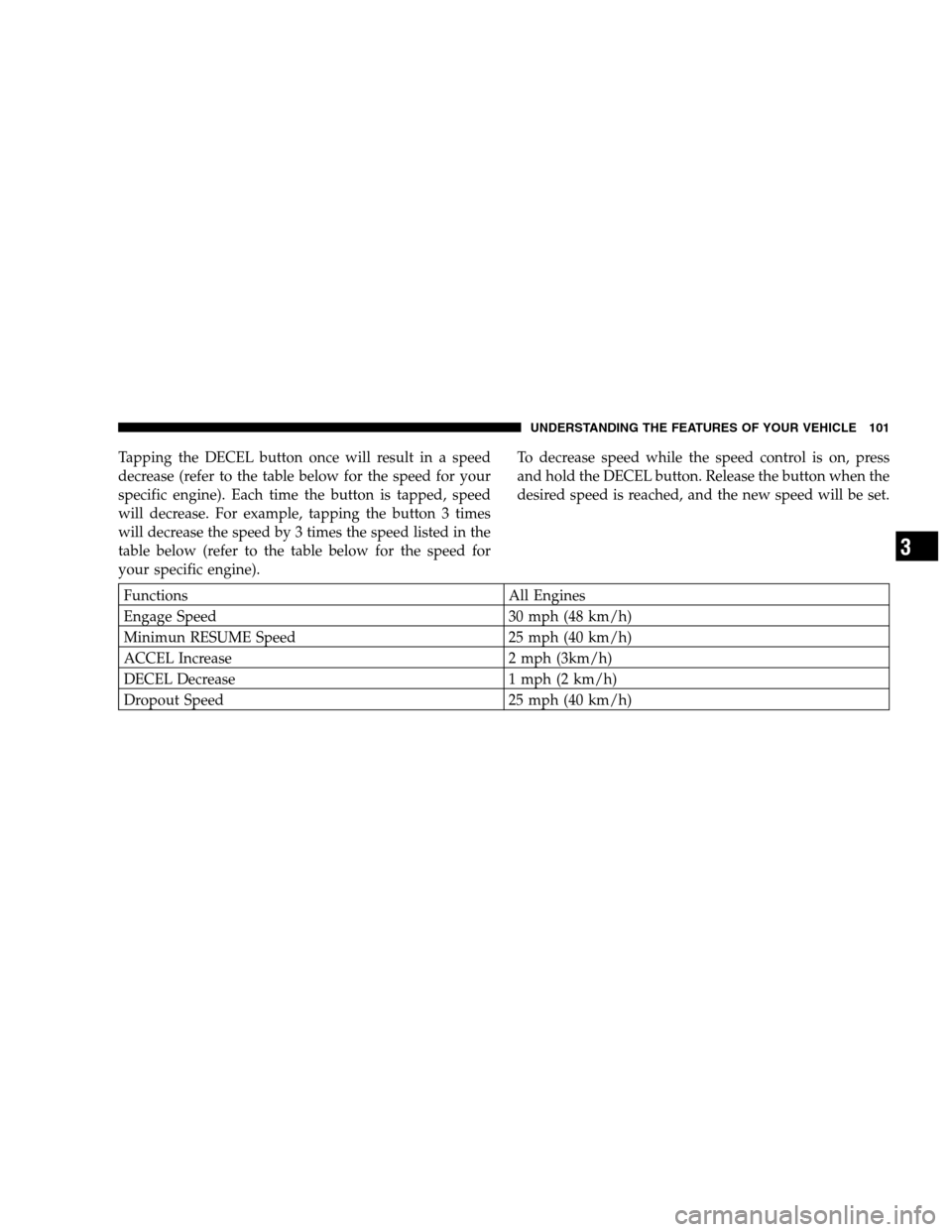 DODGE DAKOTA 2007 3.G Owners Manual Tapping the DECEL button once will result in a speed
decrease (refer to the table below for the speed for your
specific engine). Each time the button is tapped, speed
will decrease. For example, tappi