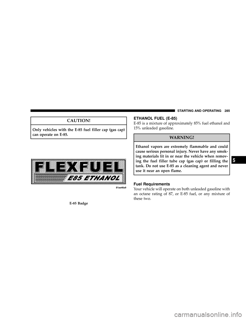 DODGE DAKOTA 2008 3.G Owners Manual CAUTION!
Only vehicles with the E-85 fuel filler cap (gas cap)
can operate on E-85.
ETHANOL FUEL (E-85)
E-85 is a mixture of approximately 85% fuel ethanol and
15% unleaded gasoline.
WARNING!
Ethanol 
