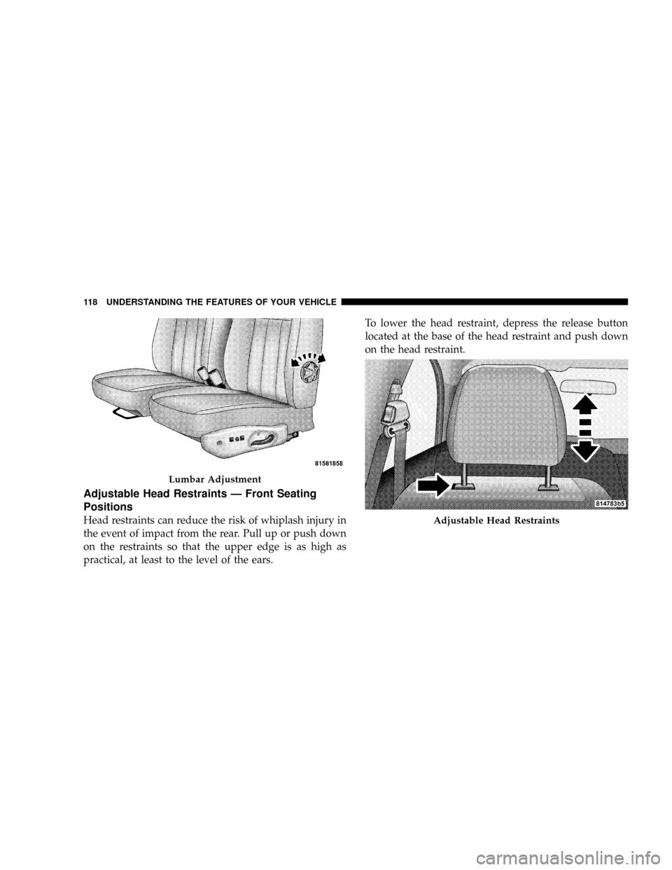 DODGE DAKOTA 2009 3.G Owners Manual Adjustable Head Restraints Ð Front Seating
Positions
Head restraints can reduce the risk of whiplash injury in
the event of impact from the rear. Pull up or push down
on the restraints so that the up