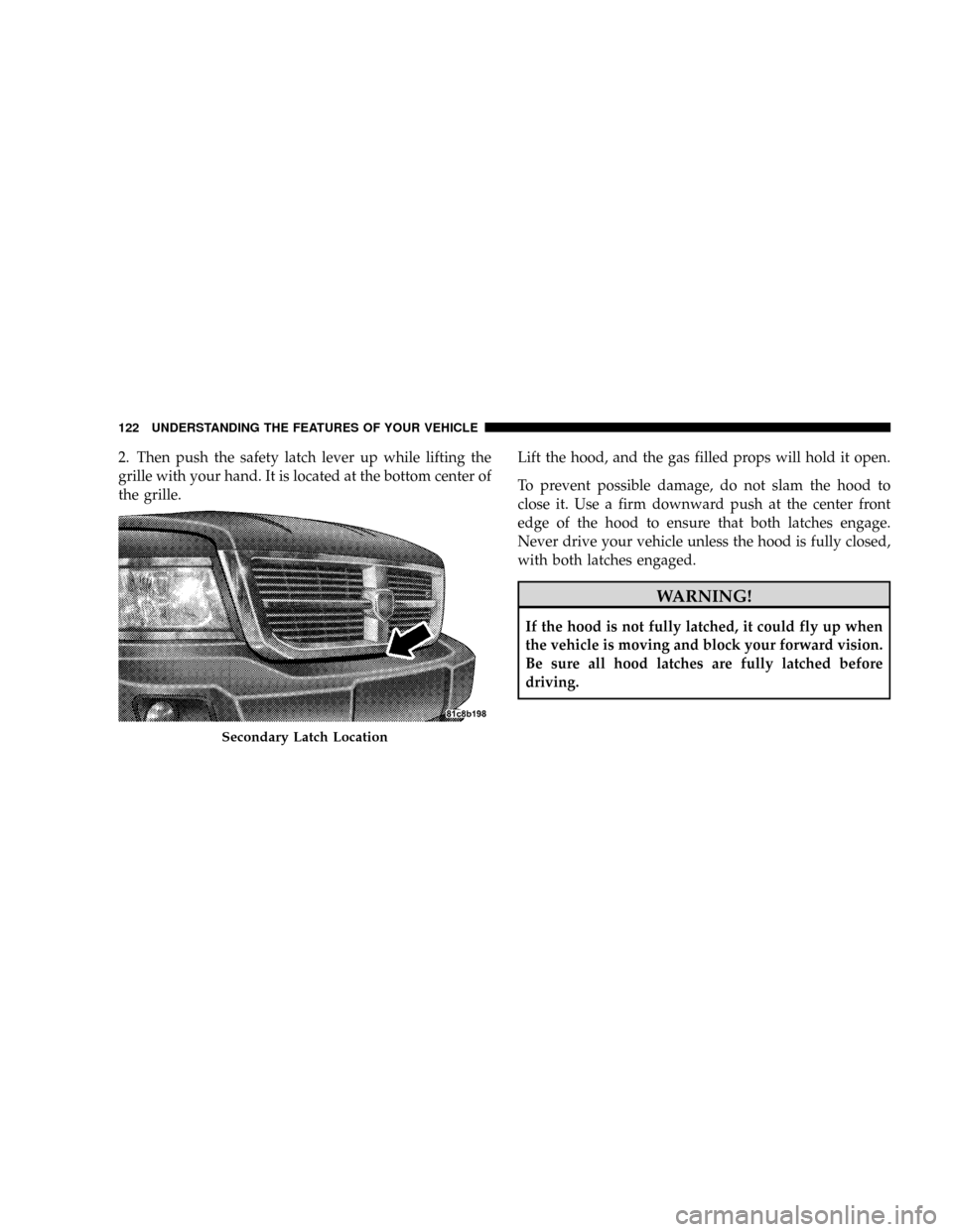 DODGE DAKOTA 2009 3.G Owners Manual 2. Then push the safety latch lever up while lifting the
grille with your hand. It is located at the bottom center of
the grille.Lift the hood, and the gas filled props will hold it open.
To prevent p DODGE DAKOTA 2009 3.G Owners Manual 2. Then push the safety latch lever up while lifting the
grille with your hand. It is located at the bottom center of
the grille.Lift the hood, and the gas filled props will hold it open.
To prevent p
