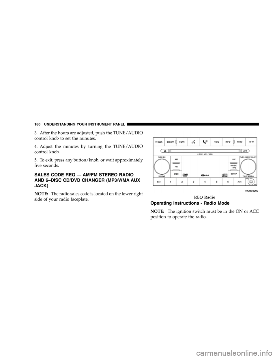 DODGE DAKOTA 2009 3.G Owners Manual 3. After the hours are adjusted, push the TUNE/AUDIO
control knob to set the minutes.
4. Adjust the minutes by turning the TUNE/AUDIO
control knob.
5. To exit, press any button/knob, or wait approxima DODGE DAKOTA 2009 3.G Owners Manual 3. After the hours are adjusted, push the TUNE/AUDIO
control knob to set the minutes.
4. Adjust the minutes by turning the TUNE/AUDIO
control knob.
5. To exit, press any button/knob, or wait approxima