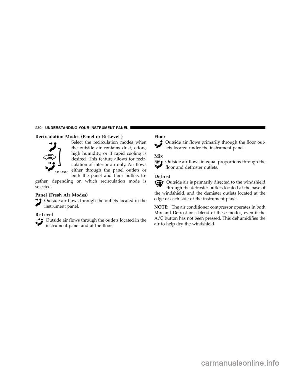 DODGE DAKOTA 2009 3.G Owners Manual Recirculation Modes (Panel or Bi-Level )
Select the recirculation modes when
the outside air contains dust, odors,
high humidity, or if rapid cooling is
desired. This feature allows for recir-
culatio DODGE DAKOTA 2009 3.G Owners Manual Recirculation Modes (Panel or Bi-Level )
Select the recirculation modes when
the outside air contains dust, odors,
high humidity, or if rapid cooling is
desired. This feature allows for recir-
culatio