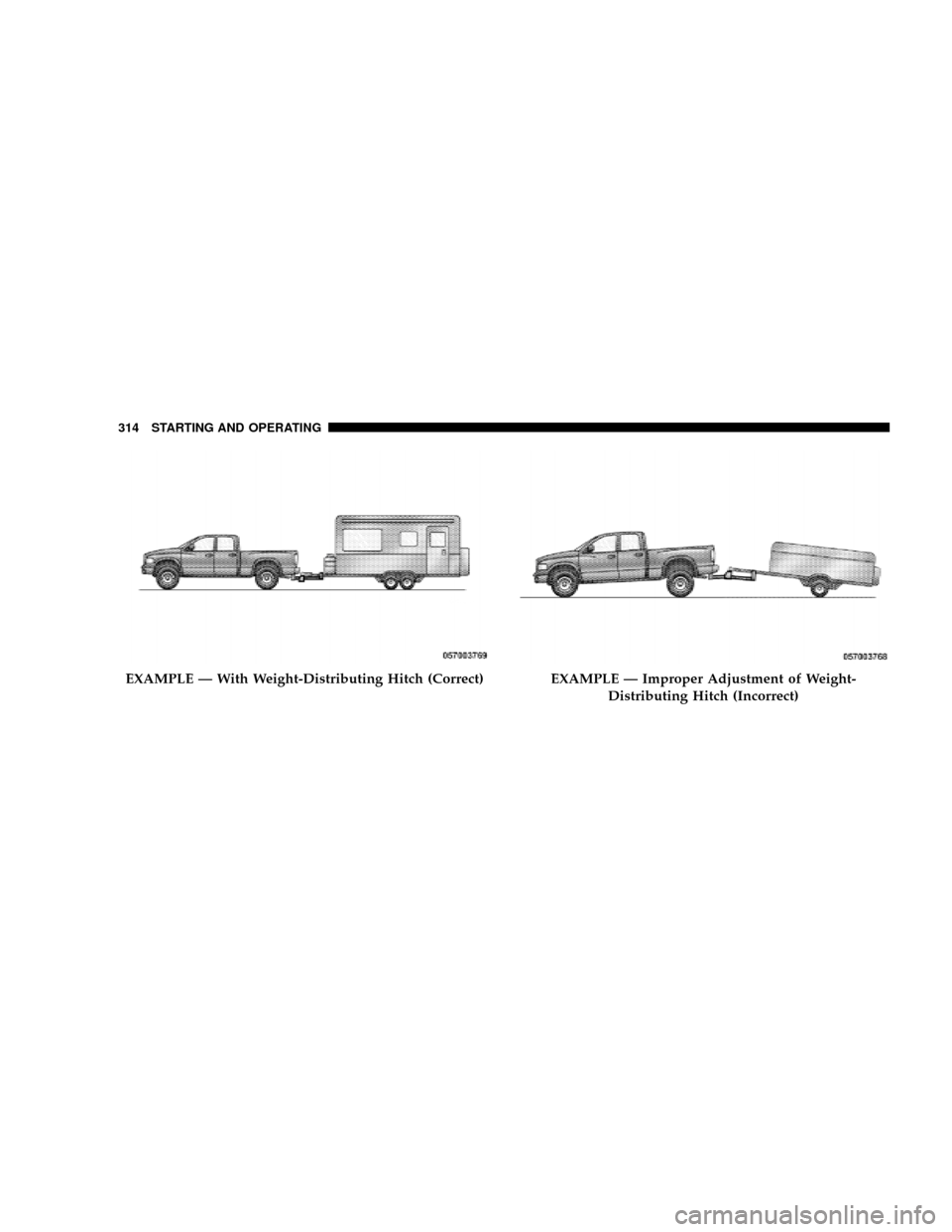 DODGE DAKOTA 2009 3.G Owners Manual EXAMPLE Ð With Weight-Distributing Hitch (Correct)EXAMPLE Ð Improper Adjustment of Weight-
Distributing Hitch (Incorrect)
314 STARTING AND OPERATING DODGE DAKOTA 2009 3.G Owners Manual EXAMPLE Ð With Weight-Distributing Hitch (Correct)EXAMPLE Ð Improper Adjustment of Weight-
Distributing Hitch (Incorrect)
314 STARTING AND OPERATING