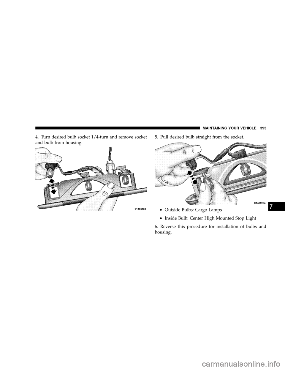 DODGE DAKOTA 2009 3.G Owners Manual 4. Turn desired bulb socket 1/4-turn and remove socket
and bulb from housing.5. Pull desired bulb straight from the socket.
²Outside Bulbs: Cargo Lamps
²Inside Bulb: Center High Mounted Stop Light
6