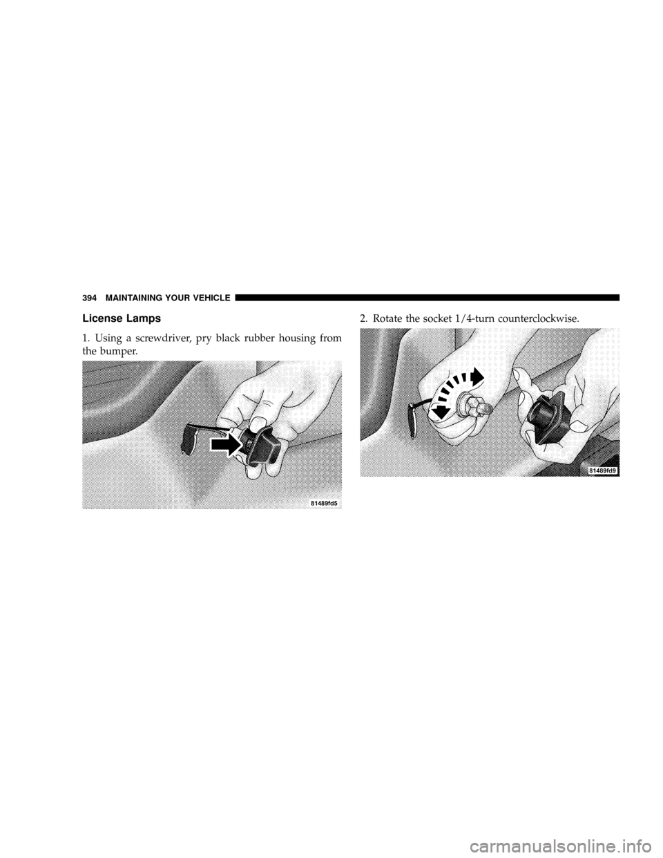 DODGE DAKOTA 2009 3.G Owners Manual License Lamps
1. Using a screwdriver, pry black rubber housing from
the bumper.2. Rotate the socket 1/4-turn counterclockwise.
394 MAINTAINING YOUR VEHICLE 
