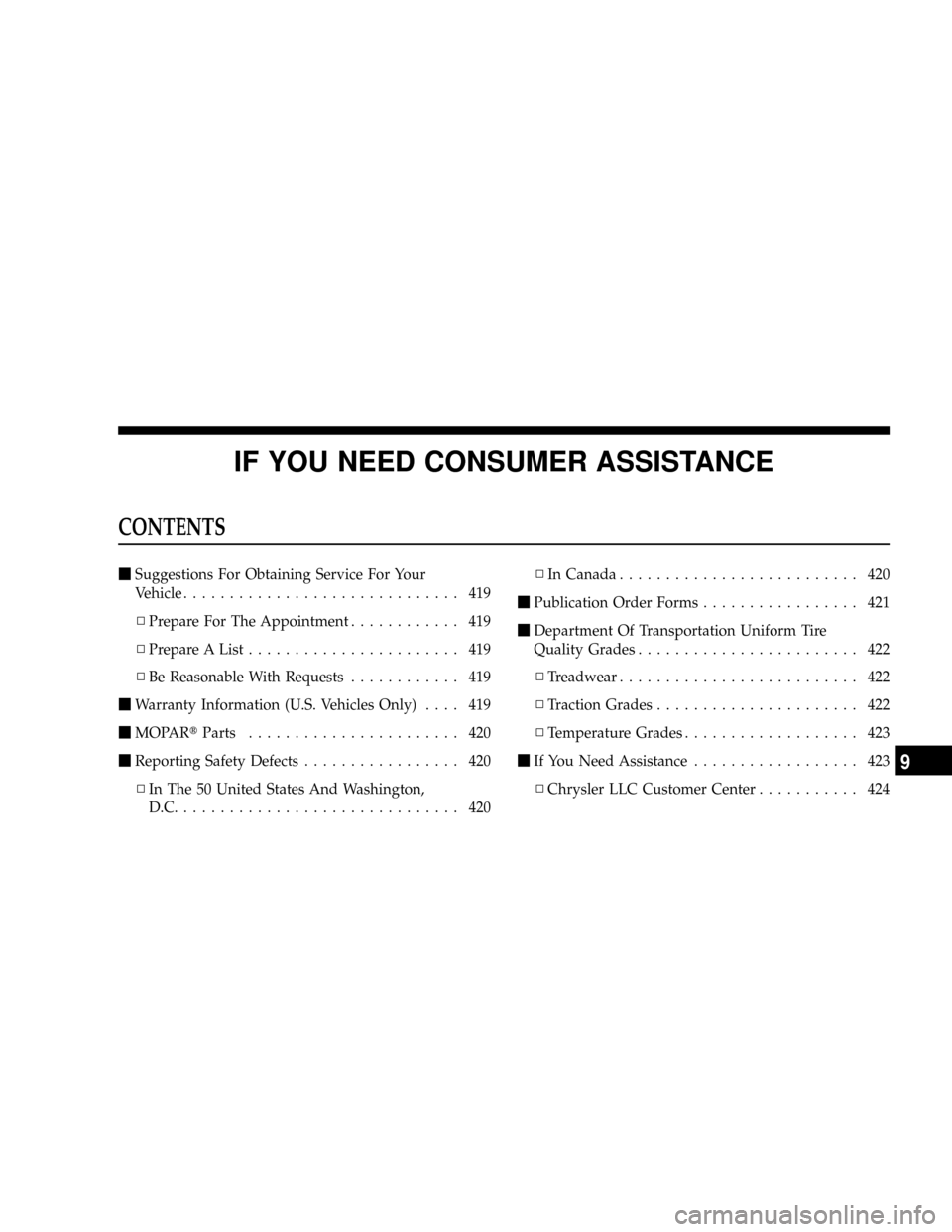 DODGE DAKOTA 2009 3.G Owners Manual IF YOU NEED CONSUMER ASSISTANCE
CONTENTS
mSuggestions For Obtaining Service For Your
Vehicle.............................. 419
NPrepare For The Appointment............ 419
NPrepare A List............. DODGE DAKOTA 2009 3.G Owners Manual IF YOU NEED CONSUMER ASSISTANCE
CONTENTS
mSuggestions For Obtaining Service For Your
Vehicle.............................. 419
NPrepare For The Appointment............ 419
NPrepare A List.............