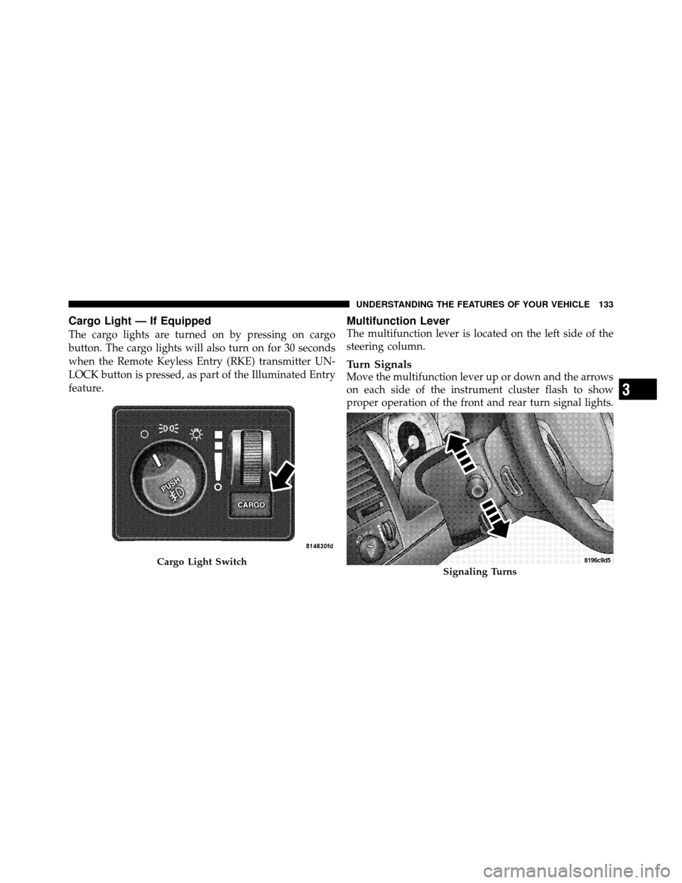 DODGE DAKOTA 2010 3.G Owners Manual Cargo Light — If Equipped
The cargo lights are turned on by pressing on cargo
button. The cargo lights will also turn on for 30 seconds
when the Remote Keyless Entry (RKE) transmitter UN-
LOCK butto