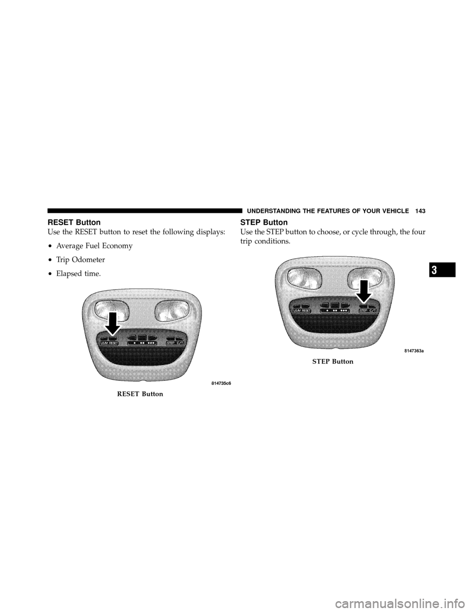 DODGE DAKOTA 2010 3.G Owners Manual RESET Button
Use the RESET button to reset the following displays:
•Average Fuel Economy
•Trip Odometer
•Elapsed time.
STEP Button
Use the STEP button to choose, or cycle through, the four
trip 