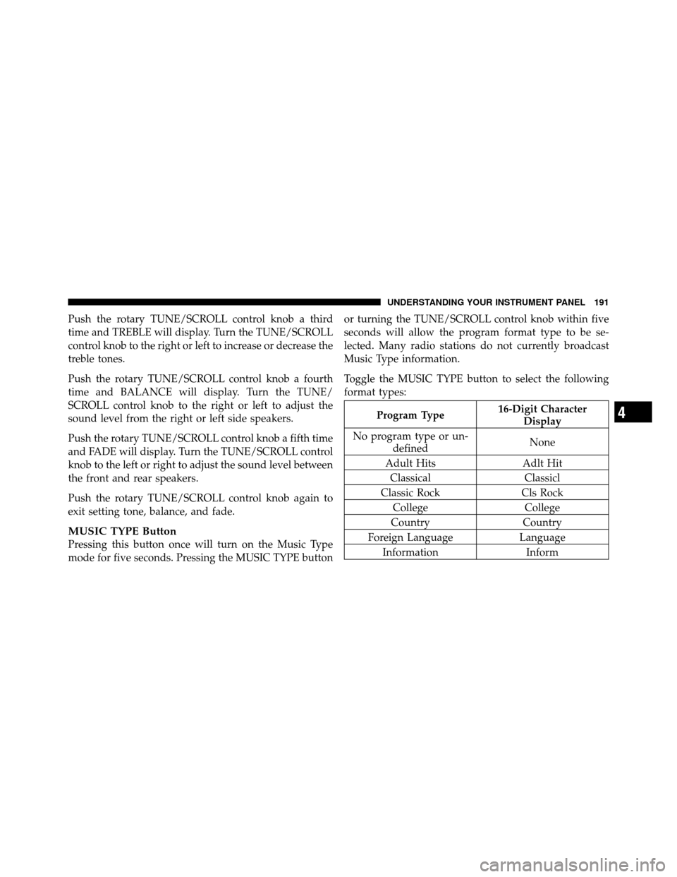 DODGE DAKOTA 2010 3.G Owners Manual Push the rotary TUNE/SCROLL control knob a third
time and TREBLE will display. Turn the TUNE/SCROLL
control knob to the right or left to increase or decrease the
treble tones.
Push the rotary TUNE/SCR