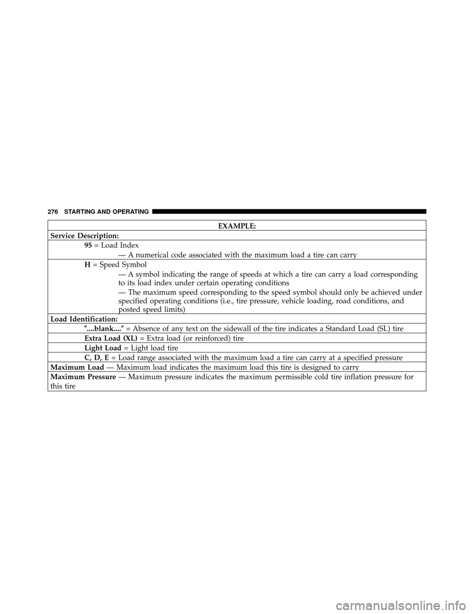 DODGE DAKOTA 2010 3.G Owners Manual EXAMPLE:
Service Description: 95= Load Index
— A numerical code associated with the maximum load a tire can carry
H = Speed Symbol
— A symbol indicating the range of speeds at which a tire can car DODGE DAKOTA 2010 3.G Owners Manual EXAMPLE:
Service Description: 95= Load Index
— A numerical code associated with the maximum load a tire can carry
H = Speed Symbol
— A symbol indicating the range of speeds at which a tire can car