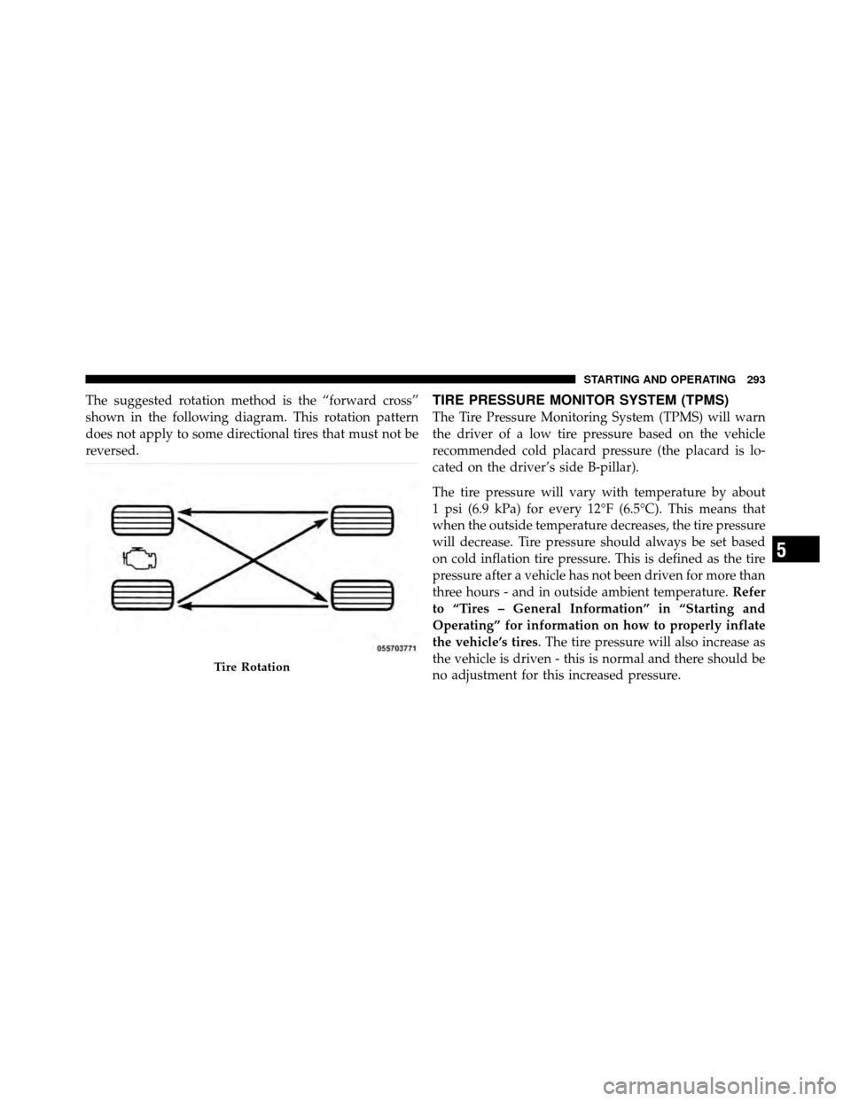 DODGE DAKOTA 2010 3.G Owners Manual The suggested rotation method is the “forward cross”
shown in the following diagram. This rotation pattern
does not apply to some directional tires that must not be
reversed.TIRE PRESSURE MONITOR DODGE DAKOTA 2010 3.G Owners Manual The suggested rotation method is the “forward cross”
shown in the following diagram. This rotation pattern
does not apply to some directional tires that must not be
reversed.TIRE PRESSURE MONITOR