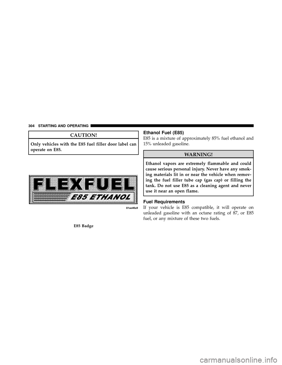 DODGE DAKOTA 2010 3.G Owners Manual CAUTION!
Only vehicles with the E85 fuel filler door label can
operate on E85.
Ethanol Fuel (E85)
E85 is a mixture of approximately 85% fuel ethanol and
15% unleaded gasoline.
WARNING!
Ethanol vapors DODGE DAKOTA 2010 3.G Owners Manual CAUTION!
Only vehicles with the E85 fuel filler door label can
operate on E85.
Ethanol Fuel (E85)
E85 is a mixture of approximately 85% fuel ethanol and
15% unleaded gasoline.
WARNING!
Ethanol vapors
