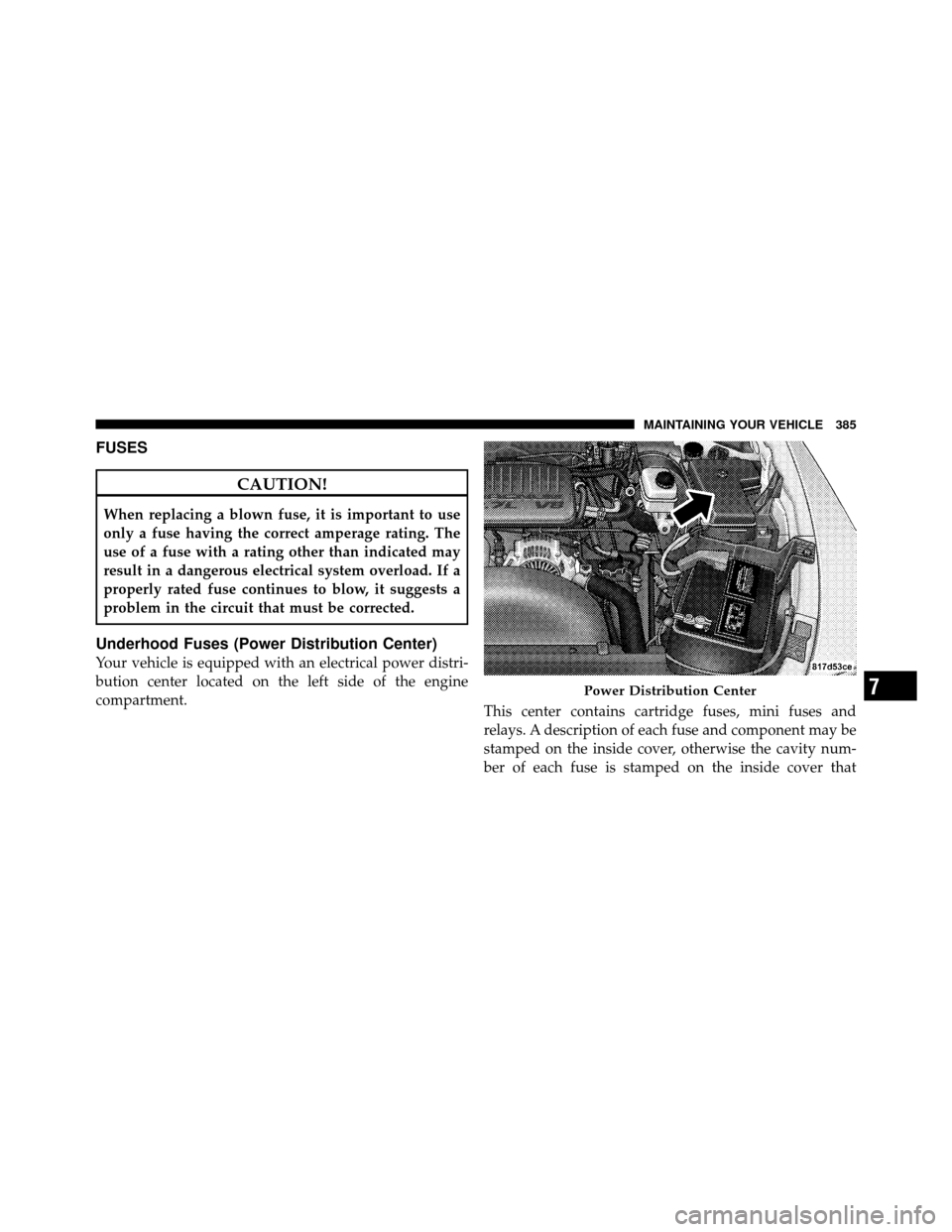 DODGE DAKOTA 2010 3.G Owners Manual FUSES
CAUTION!
When replacing a blown fuse, it is important to use
only a fuse having the correct amperage rating. The
use of a fuse with a rating other than indicated may
result in a dangerous electr