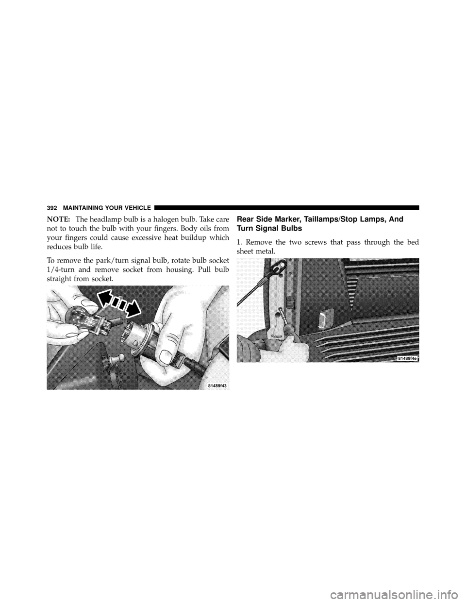 DODGE DAKOTA 2010 3.G Owners Manual NOTE:The headlamp bulb is a halogen bulb. Take care
not to touch the bulb with your fingers. Body oils from
your fingers could cause excessive heat buildup which
reduces bulb life.
To remove the park/