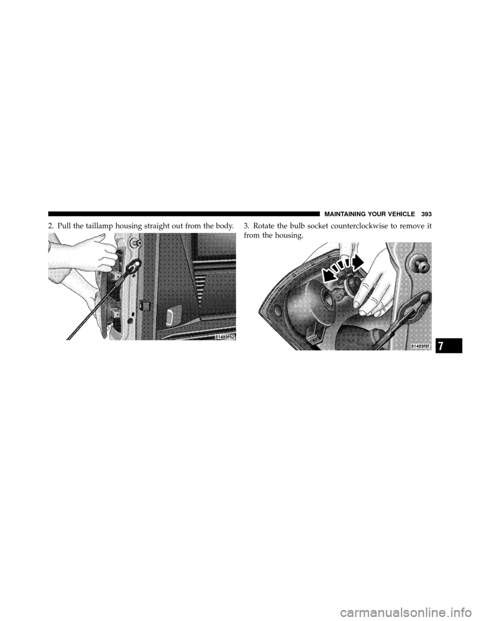 DODGE DAKOTA 2010 3.G User Guide 2. Pull the taillamp housing straight out from the body. 3. Rotate the bulb socket counterclockwise to remove itfrom the housing.
7
MAINTAINING YOUR VEHICLE 393 