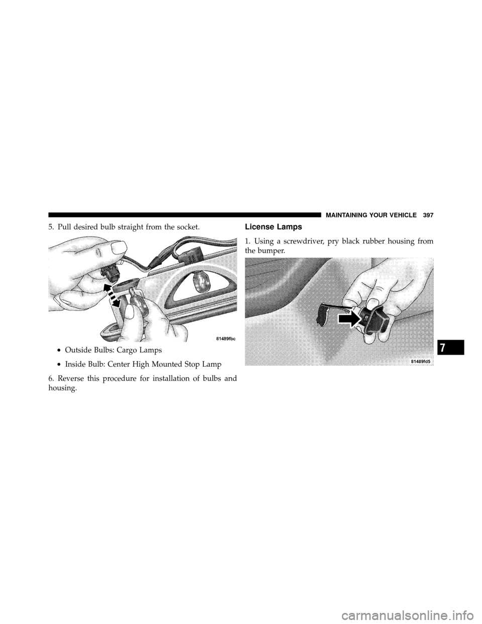 DODGE DAKOTA 2010 3.G User Guide 5. Pull desired bulb straight from the socket.
•Outside Bulbs: Cargo Lamps
•Inside Bulb: Center High Mounted Stop Lamp
6. Reverse this procedure for installation of bulbs and
housing.
License Lamp