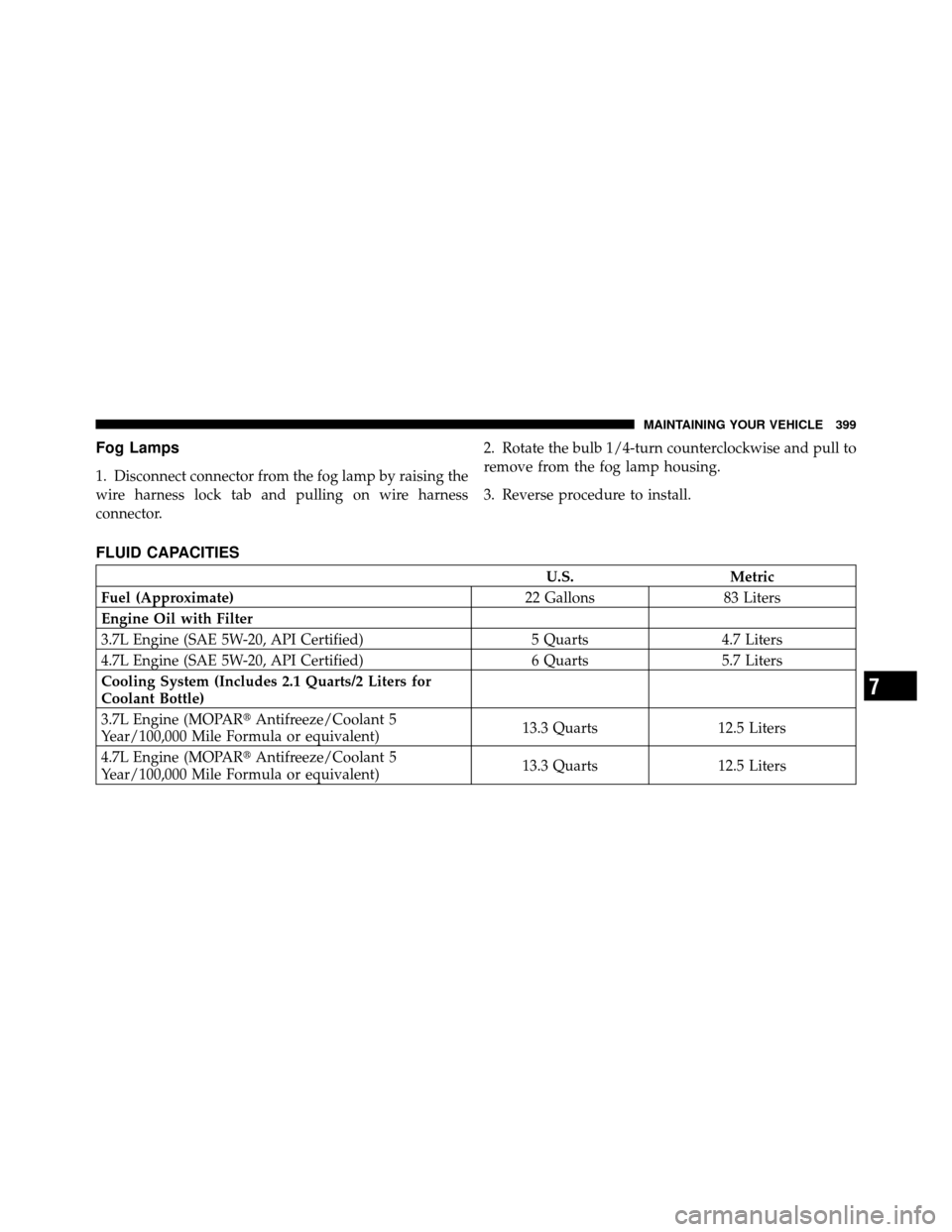 DODGE DAKOTA 2010 3.G Owners Manual Fog Lamps
1. Disconnect connector from the fog lamp by raising the
wire harness lock tab and pulling on wire harness
connector.2. Rotate the bulb 1/4-turn counterclockwise and pull to
remove from the 