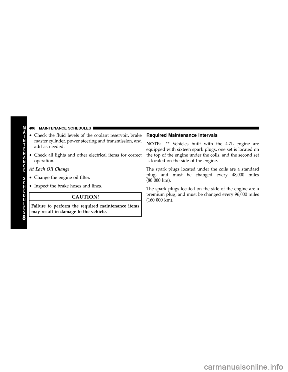 DODGE DAKOTA 2010 3.G Owners Manual •Check the fluid levels of the coolant reservoir, brake
master cylinder, power steering and transmission, and
add as needed.
•Check all lights and other electrical items for correct
operation.
At 