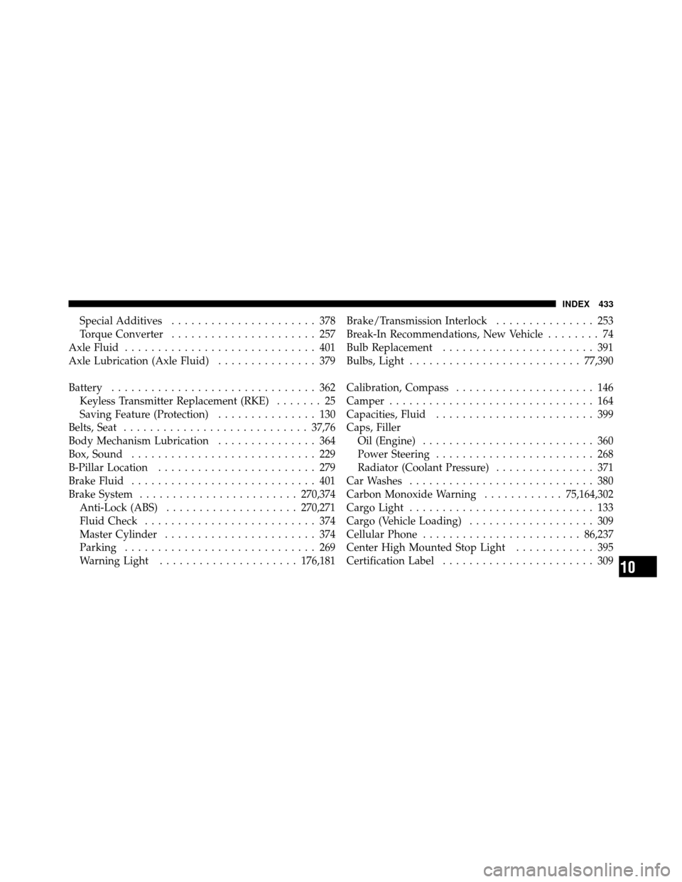 DODGE DAKOTA 2010 3.G User Guide Special Additives...................... 378
Torque Converter ...................... 257
Axle Fluid ............................. 401
Axle Lubrication (Axle Fluid) ............... 379
Battery .........