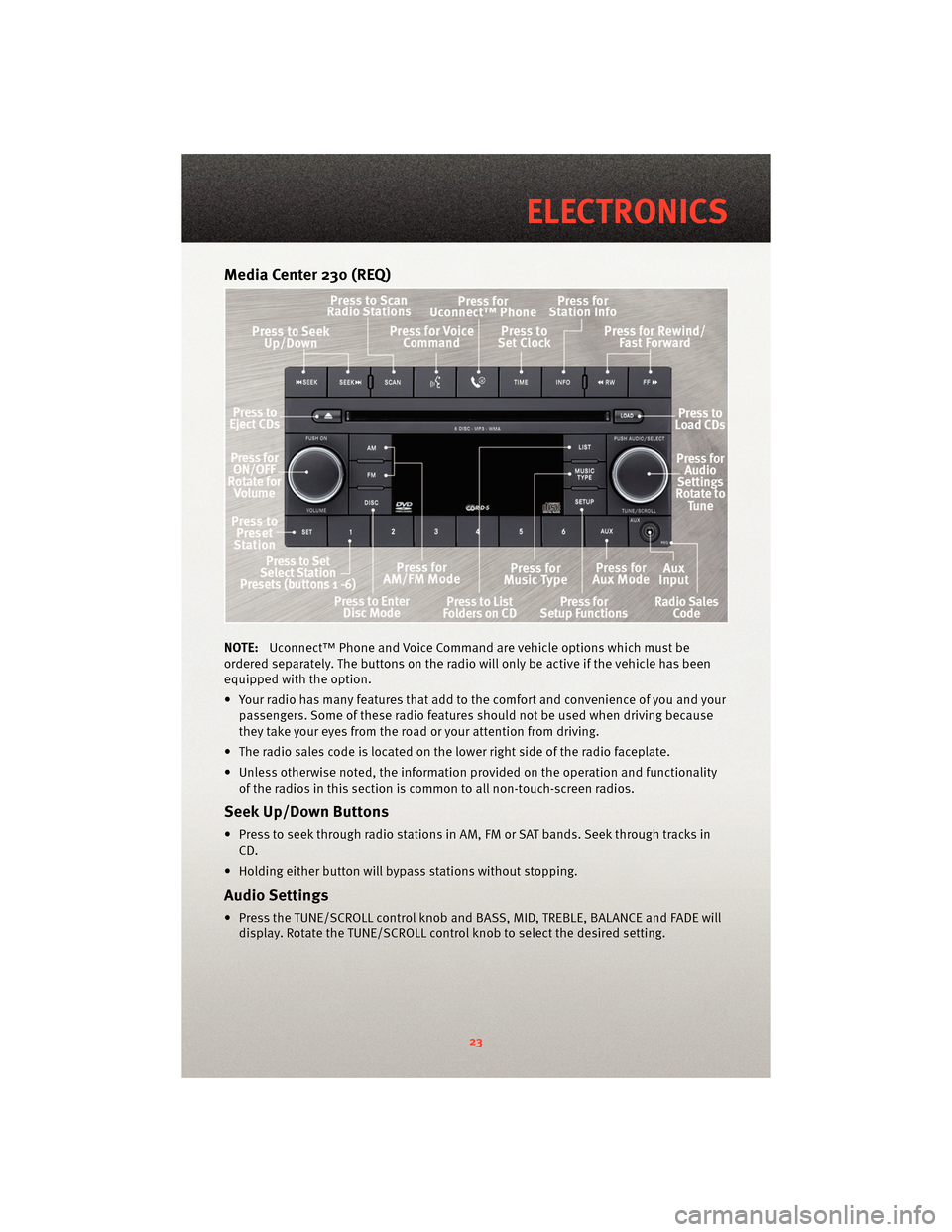 DODGE DAKOTA 2010 3.G Owners Manual Media Center 230 (REQ)
NOTE:Uconnect™ Phone and Voice Command are vehicle options which must be
ordered separately. The butt ons on the radio will only be active if the vehicle has been
equipped wit