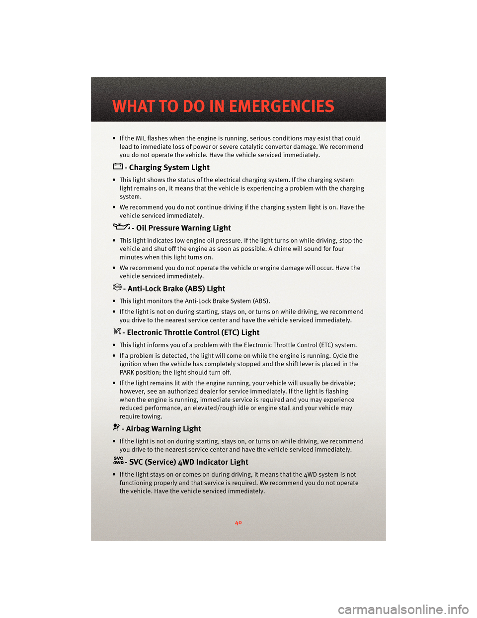 DODGE DAKOTA 2010 3.G User Guide • If the MIL flashes when the engine is running, serious conditions may exist that couldlead to immediate loss of power or severe catalytic converter damage. We recommend
you do not operate the vehi