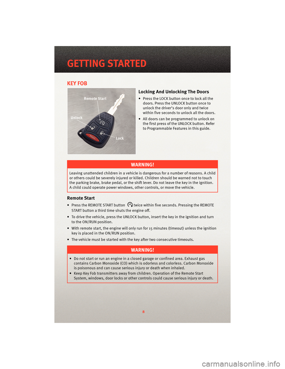 DODGE DAKOTA 2010 3.G User Guide KEY FOB
Locking And Unlocking The Doors
• Press the LOCK button once to lock all thedoors. Press the UNLOCK button once to
unlock the driver’s door only and twice
within five seconds to unlock all