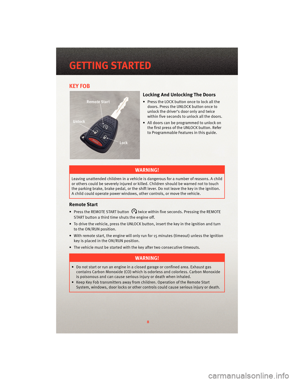DODGE DAKOTA 2010 3.G User Guide KEY FOB
Locking And Unlocking The Doors
• Press the LOCK button once to lock all thedoors. Press the UNLOCK button once to
unlock the driver’s door only and twice
within five seconds to unlock all DODGE DAKOTA 2010 3.G User Guide KEY FOB
Locking And Unlocking The Doors
• Press the LOCK button once to lock all thedoors. Press the UNLOCK button once to
unlock the driver’s door only and twice
within five seconds to unlock all
