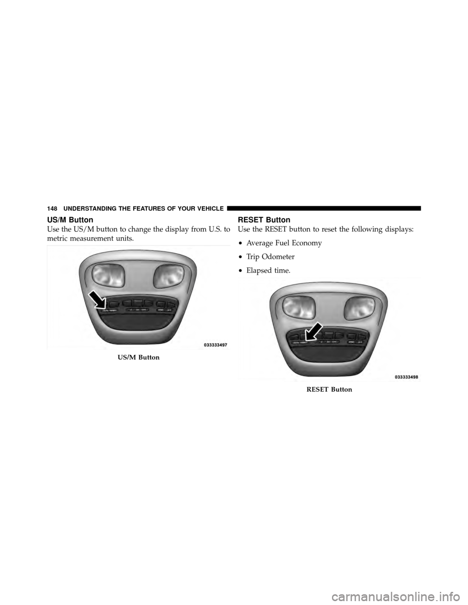 DODGE DAKOTA 2011 3.G Owners Manual US/M Button
Use the US/M button to change the display from U.S. to
metric measurement units.
RESET Button
Use the RESET button to reset the following displays:
•Average Fuel Economy
•Trip Odometer