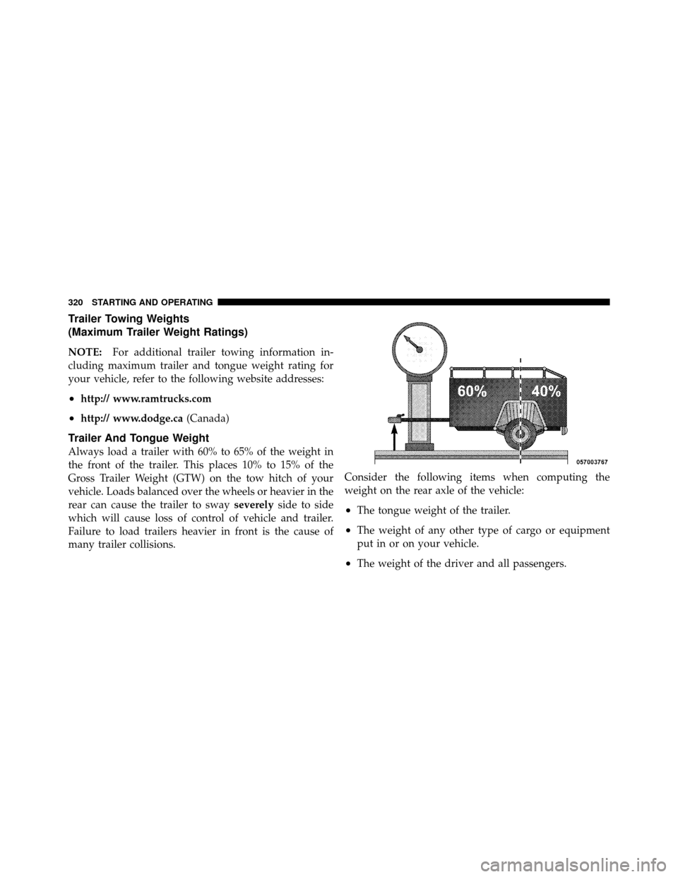 DODGE DAKOTA 2011 3.G Owners Manual Trailer Towing Weights
(Maximum Trailer Weight Ratings)
NOTE:For additional trailer towing information in-
cluding maximum trailer and tongue weight rating for
your vehicle, refer to the following web DODGE DAKOTA 2011 3.G Owners Manual Trailer Towing Weights
(Maximum Trailer Weight Ratings)
NOTE:For additional trailer towing information in-
cluding maximum trailer and tongue weight rating for
your vehicle, refer to the following web
