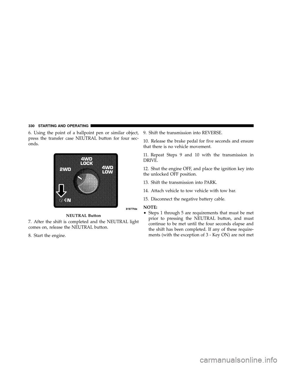 DODGE DAKOTA 2011 3.G Owners Manual 6. Using the point of a ballpoint pen or similar object,
press the transfer case NEUTRAL button for four sec-
onds.
7. After the shift is completed and the NEUTRAL light
comes on, release the NEUTRAL 