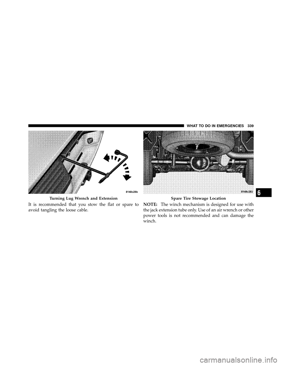 DODGE DAKOTA 2011 3.G Owners Manual It is recommended that you stow the flat or spare to
avoid tangling the loose cable.NOTE:
The winch mechanism is designed for use with
the jack extension tube only. Use of an air wrench or other
power DODGE DAKOTA 2011 3.G Owners Manual It is recommended that you stow the flat or spare to
avoid tangling the loose cable.NOTE:
The winch mechanism is designed for use with
the jack extension tube only. Use of an air wrench or other
power