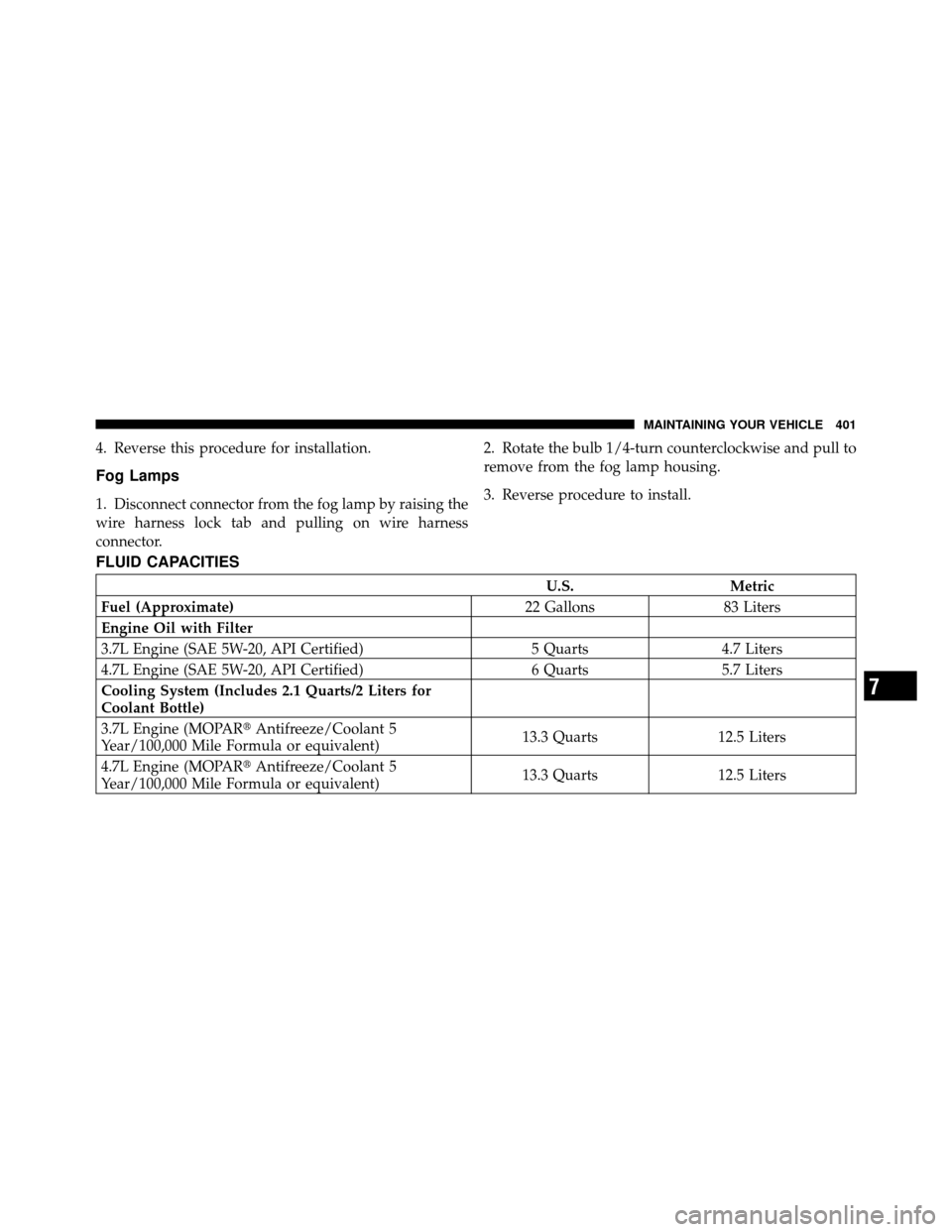 DODGE DAKOTA 2011 3.G Owners Manual 4. Reverse this procedure for installation.
Fog Lamps
1. Disconnect connector from the fog lamp by raising the
wire harness lock tab and pulling on wire harness
connector.2. Rotate the bulb 1/4-turn c