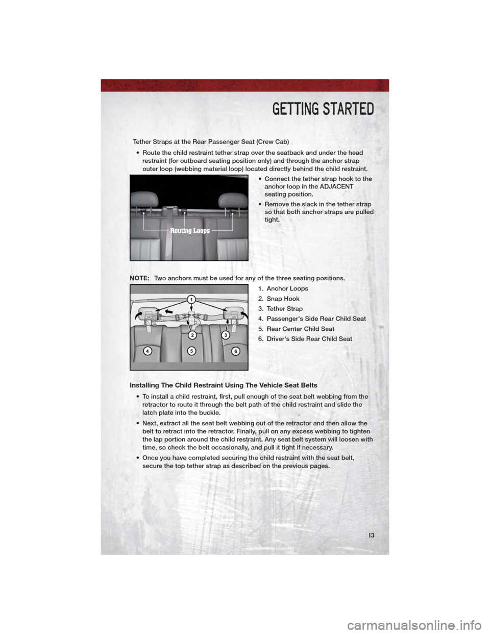 DODGE DAKOTA 2011 3.G User Guide Tether Straps at the Rear Passenger Seat (Crew Cab)• Route the child restraint tether strap over the seatback and under the head restraint (for outboard seating position only) and through the anchor