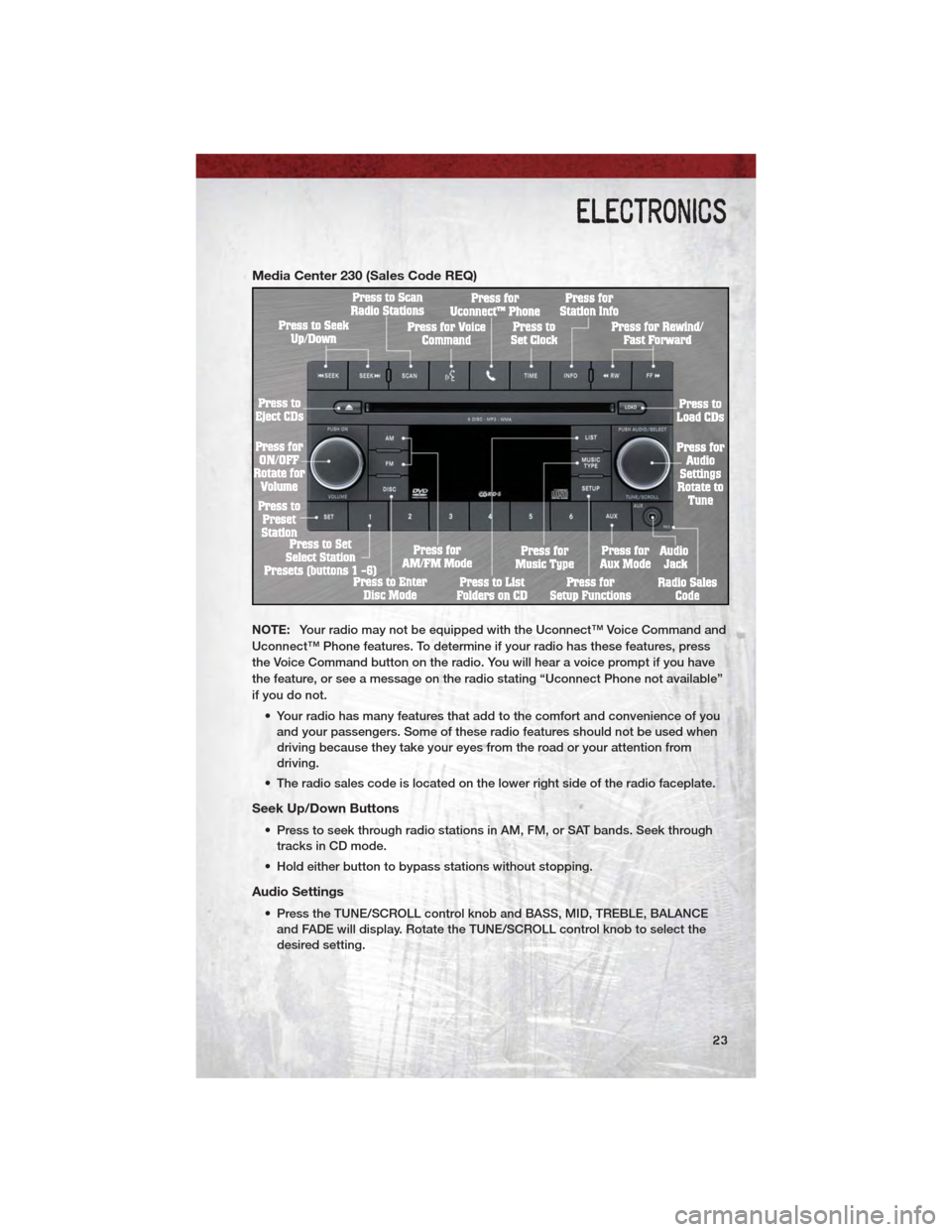 DODGE DAKOTA 2011 3.G User Guide Media Center 230 (Sales Code REQ)
NOTE:Your radio may not be equipped with the Uconnect™ Voice Command and
Uconnect™ Phone features. To determine if your radio has these features, press
the Voice DODGE DAKOTA 2011 3.G User Guide Media Center 230 (Sales Code REQ)
NOTE:Your radio may not be equipped with the Uconnect™ Voice Command and
Uconnect™ Phone features. To determine if your radio has these features, press
the Voice