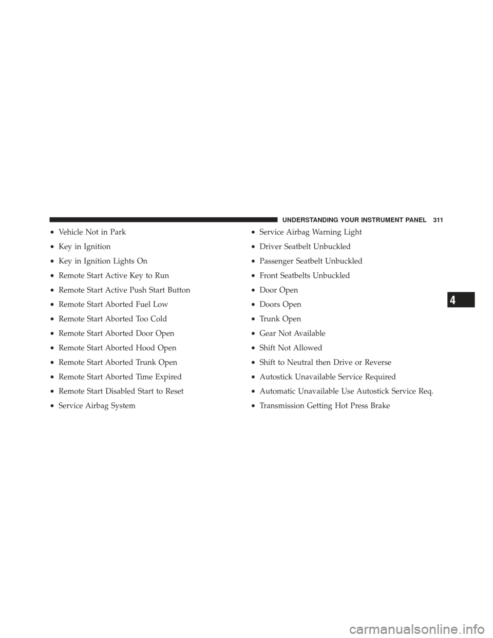 DODGE DART 2013 PF / 1.G Repair Manual •Vehicle Not in Park
•Key in Ignition
•Key in Ignition Lights On
•Remote Start Active Key to Run
•Remote Start Active Push Start Button
•Remote Start Aborted Fuel Low
•Remote Start Abort