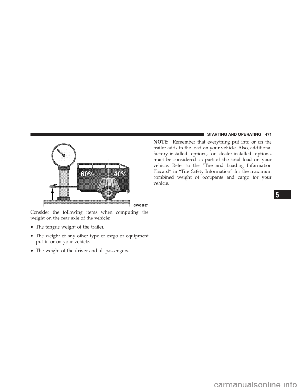 DODGE DART 2013 PF / 1.G Owners Manual Consider the following items when computing the
weight on the rear axle of the vehicle:
•The tongue weight of the trailer.
•The weight of any other type of cargo or equipment
put in or on your veh DODGE DART 2013 PF / 1.G Owners Manual Consider the following items when computing the
weight on the rear axle of the vehicle:
•The tongue weight of the trailer.
•The weight of any other type of cargo or equipment
put in or on your veh
