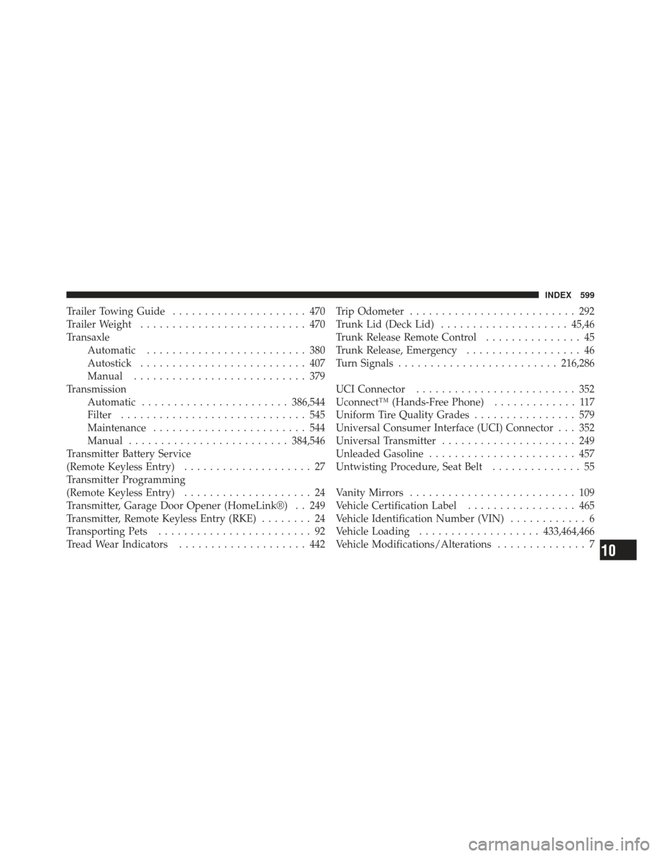 DODGE DART 2013 PF / 1.G Owners Manual Trailer Towing Guide..................... 470
Trailer Weight .......................... 470
Transaxle Automatic ......................... 380
Autostick .......................... 407
Manual ..........