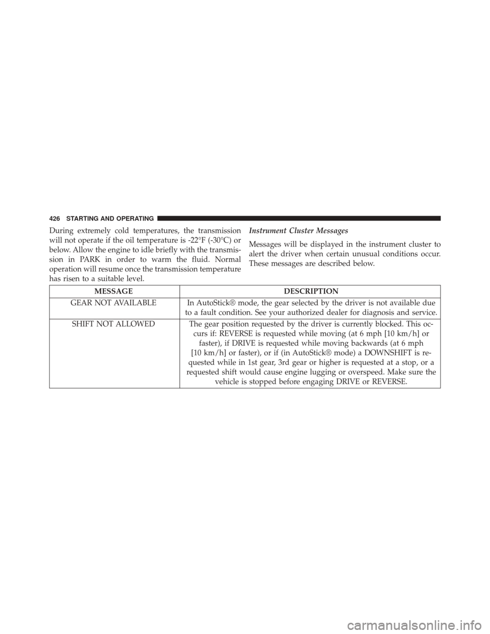 DODGE DART 2014 PF / 1.G Owners Manual During extremely cold temperatures, the transmission
will not operate if the oil temperature is -22°F (-30°C) or
below. Allow the engine to idle briefly with the transmis-
sion in PARK in order to w DODGE DART 2014 PF / 1.G Owners Manual During extremely cold temperatures, the transmission
will not operate if the oil temperature is -22°F (-30°C) or
below. Allow the engine to idle briefly with the transmis-
sion in PARK in order to w