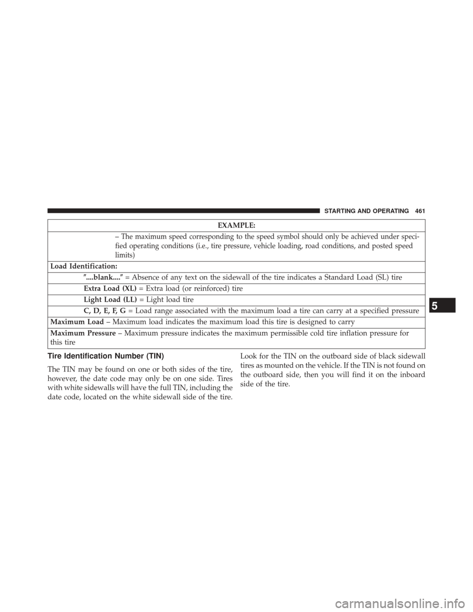 DODGE DART 2014 PF / 1.G Owners Manual EXAMPLE:
–
The maximum speed corresponding to the speed symbol should only be achieved under speci-
fied operating conditions (i.e., tire pressure, vehicle loading, road conditions, and posted speed