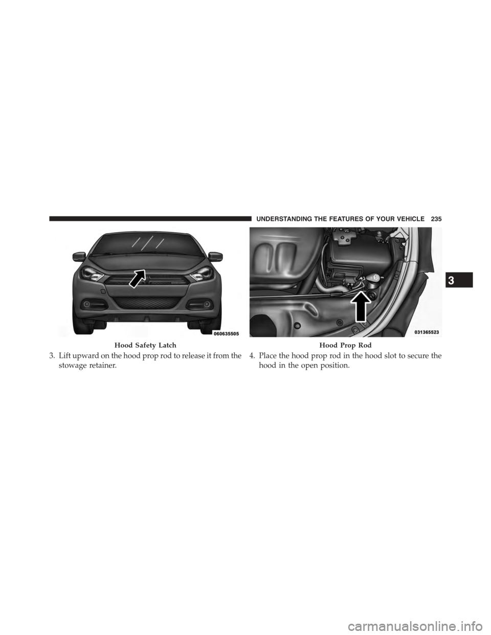 DODGE DART 2015 PF / 1.G Owners Manual 3. Lift upward on the hood prop rod to release it from the
stowage retainer.
4. Place the hood prop rod in the hood slot to secure the
hood in the open position.
Hood Safety LatchHood Prop Rod
3
UNDER