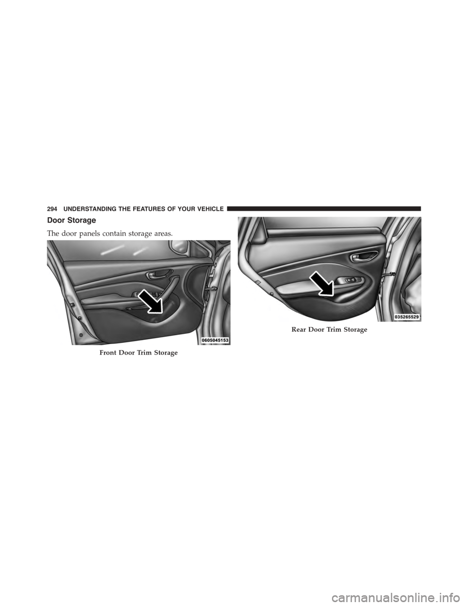 DODGE DART 2015 PF / 1.G Owners Manual Door Storage
The door panels contain storage areas.
Front Door Trim Storage
Rear Door Trim Storage
294 UNDERSTANDING THE FEATURES OF YOUR VEHICLE 
