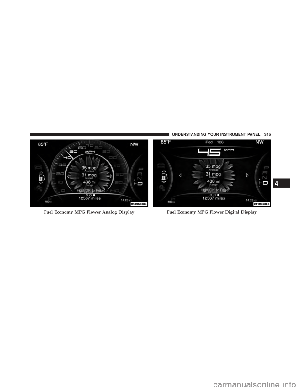 DODGE DART 2015 PF / 1.G Owners Manual Fuel Economy MPG Flower Analog DisplayFuel Economy MPG Flower Digital Display
4
UNDERSTANDING YOUR INSTRUMENT PANEL 345 DODGE DART 2015 PF / 1.G Owners Manual Fuel Economy MPG Flower Analog DisplayFuel Economy MPG Flower Digital Display
4
UNDERSTANDING YOUR INSTRUMENT PANEL 345